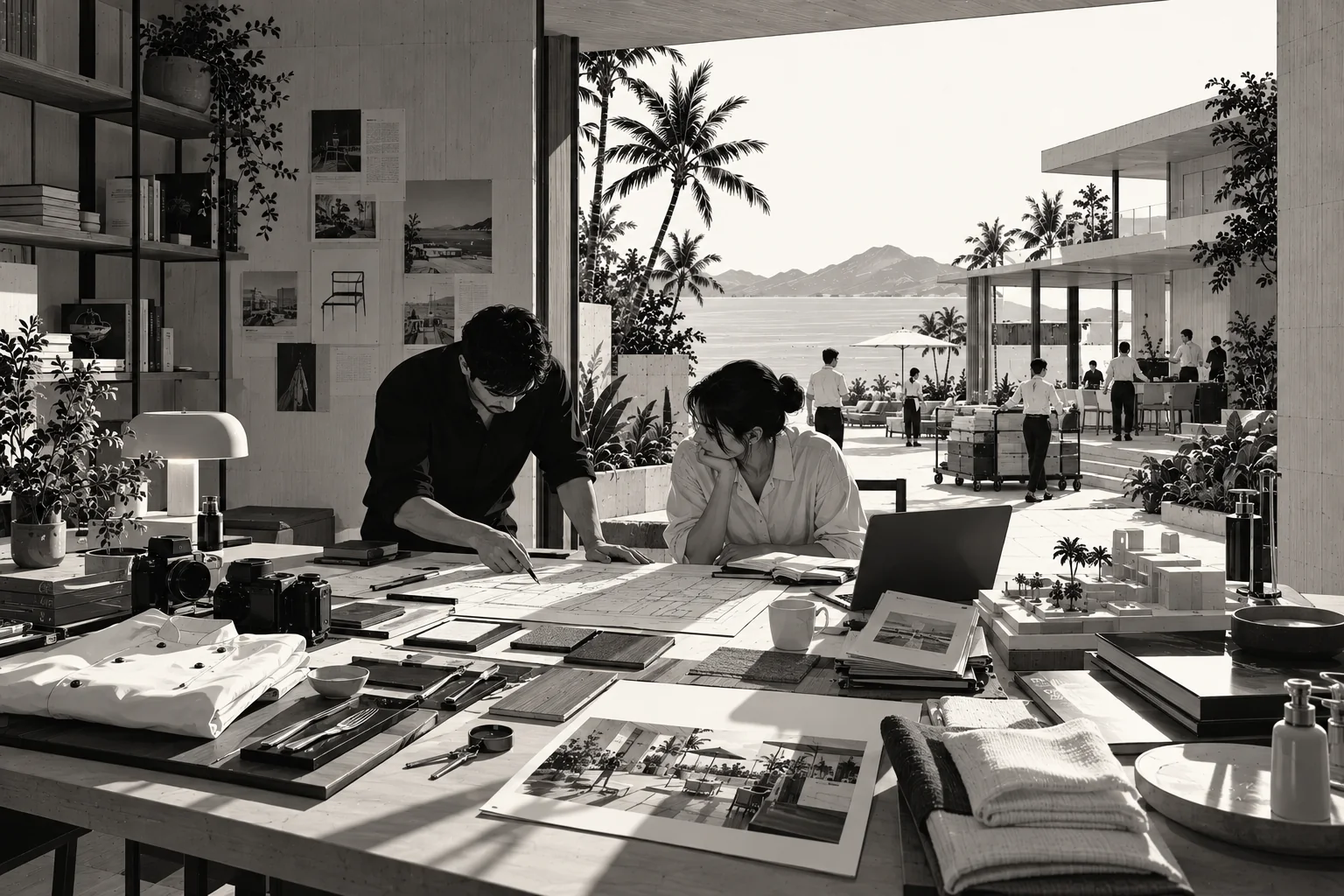 A team shares ideas around architectural models and plans in a seaside studio.
